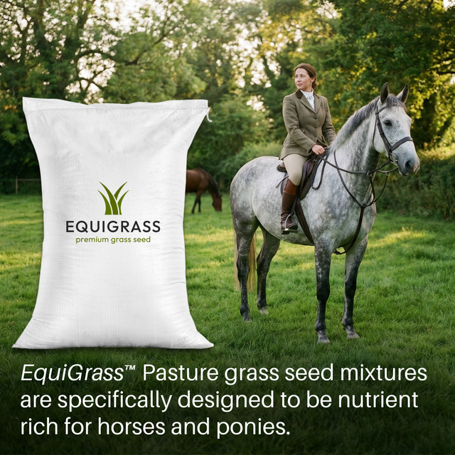 A white sack of "EquiGrass premium grass seed" is positioned in a grassy field next to a woman in tweed riding a dapple-grey horse. Text at the bottom reads, "EquiGrass™ Pasture grass seed mixtures are specifically designed to be nutrient rich for horses and ponies."